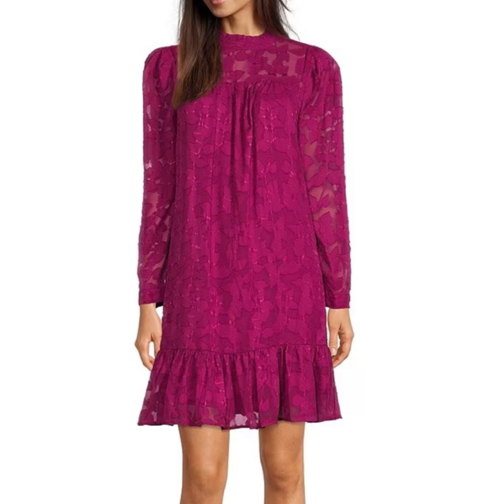 Tommy Hilfiger Smocked Ruffle Neck Long Sleeve Tiered Ruffle Hem Dress